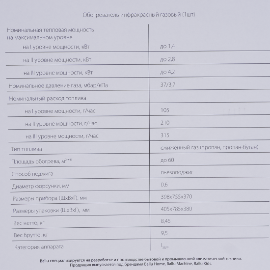 Инфракрасный газовый обогреватель Ballu BIGH-55 4.2 кВт