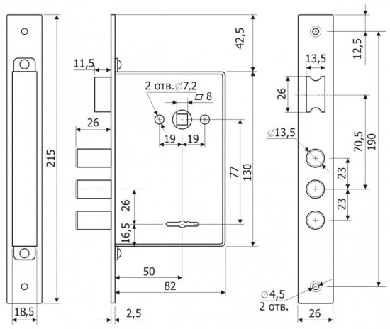 Замок врезной Гардиан-1011, 4 ключа, цвет хром
