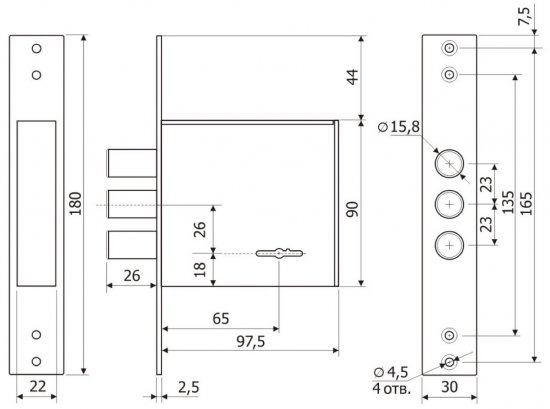 Замок врезной Гардиан-3001, 4 ключа, цвет хром
