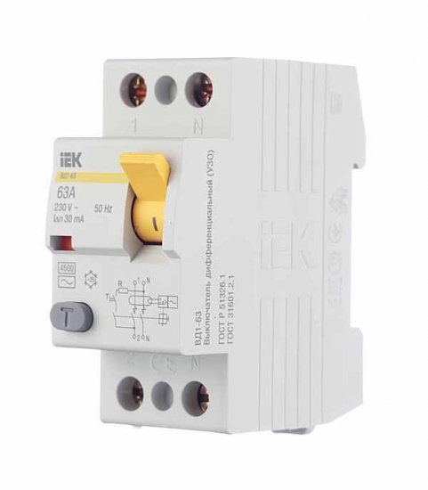 УЗО IEK Karat ВД1-63 63А 1P+N тип AC 30 мА 4,5 кА (MDV10-2-063-030)