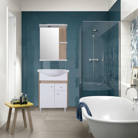 Зеркало с подсветкой с полкой прямоугольное 60х75 см в раме белой/дуб янтарный АСБ-Мебель Магнолия (9099)