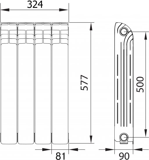 Радиатор секционный Equation Aluminium 500/90 4 секции боковое подключение алюминий белый