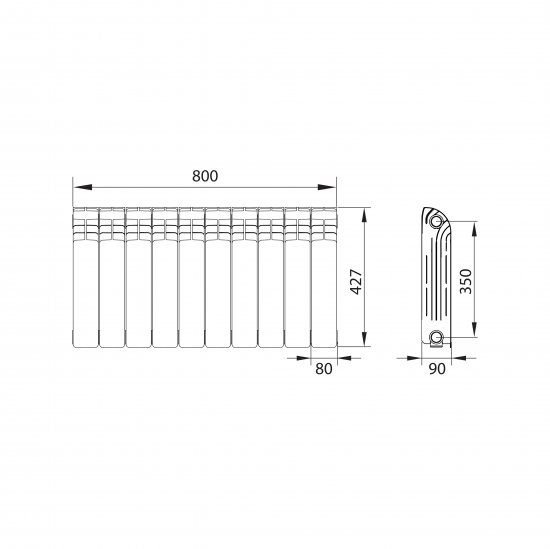 Радиатор секционный Equation Aluminium 350/90 10 секций боковое подключение алюминий белый