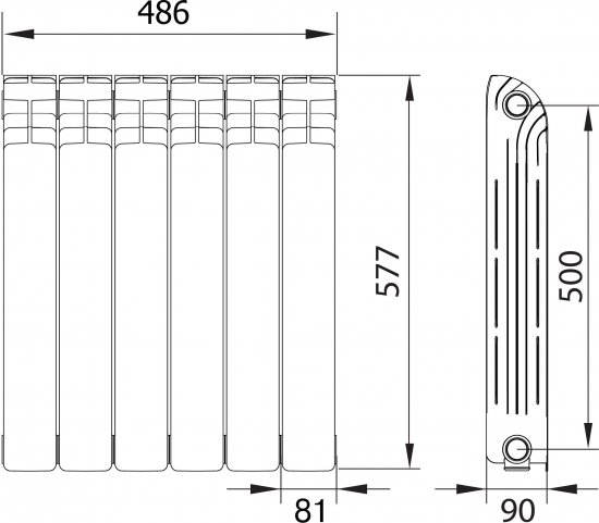 Радиатор секционный Equation Aluminium 500/90 6 секций боковое подключение алюминий белый