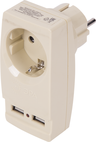 Разветвитель Эра SP-1e 1 розетка с заземлением 16 А 2 USB 2.1 А цвет бежевый