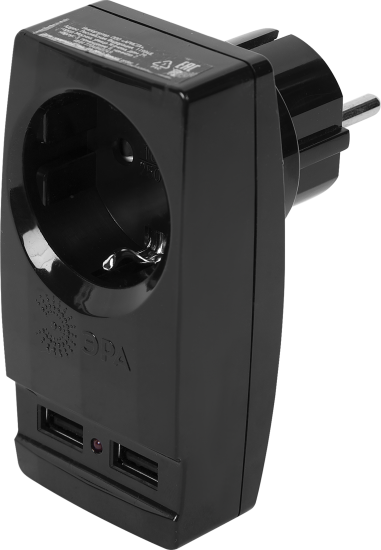 Разветвитель Эра SP-1e 1 розетка с заземлением 16 А 2 USB 2.1 А цвет черный