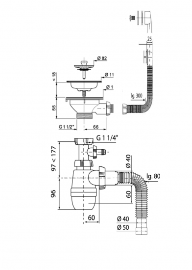 Сифон для мойки Equation d 90 мм с выпуском переливом и отводом для стиральной машины