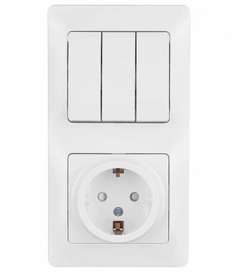 Блок выключатель и розетка Systeme Electric Glossa трехклавишный встраиваемый белый со шторками (GSL000178)