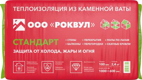 Утеплитель Rockwool Стандарт 100 мм 4 шт 600x1000 мм 2.4 м²