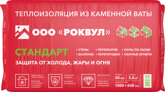 Утеплитель Роквул Стандарт 50 мм 9 шт 600x1000 мм 5.4 м²