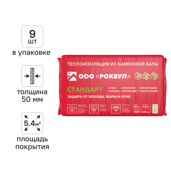 Утеплитель Роквул Стандарт 50 мм 9 шт 600x1000 мм 5.4 м²