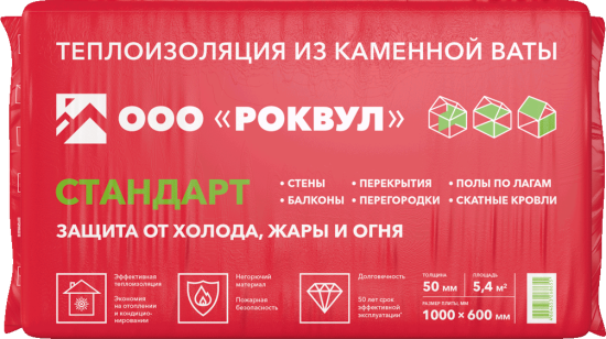 Утеплитель Роквул Стандарт 50 мм 9 шт 600x1000 мм 5.4 м²