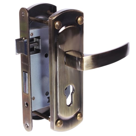 Замок врезной с дверными ручками на планке Palladium 460-25 античная бронза