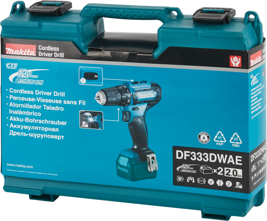 Дрель-шуруповерт аккумуляторная Makita DF333DWAE, 12 В Li-ion, 2x2 Ач