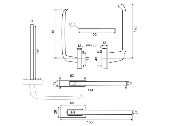 Ручка балконная двусторонняя узкая с ключом