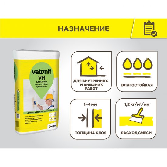 Шпаклевка цементная Weber.vetonit VH для влажных помещений белая 20 кг