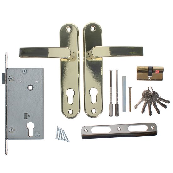 Замок врезной с дверными ручками на планке Просам ЗВ-4 золотой