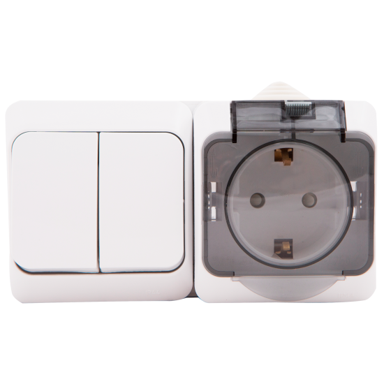 Блок выключатель с розеткой Systeme Electric Этюд 2 клавиши цвет с заземлением с крышкой IP44 цвет белый