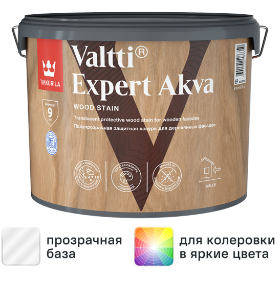 Антисептик защитно-декоративный Tikkurila Valtti Expert Akva полуматовый база EP бесцветный 9 л