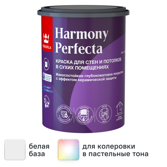 Краска для стен и потолков Tikkivala Perfecta моющаяся матовая цвет белый база А 0.9 л