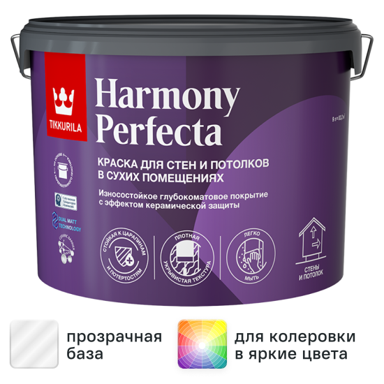 Краска для стен Tikkivala Perfecta матовая прозрачная база С 9 л