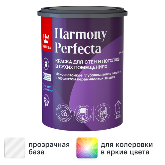 Краска для стен Tikkivala Perfecta матовая прозрачная база С 0.9 л