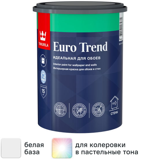 Краска для стен и потолков Tikkurila Euro Trend моющаяся матовая цвет белый база А 0.9 л