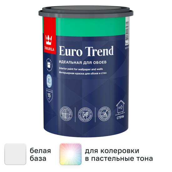 Краска для обоев Tikkivala Euro Trend моющаяся матовая цвет белый база А 0.9 л