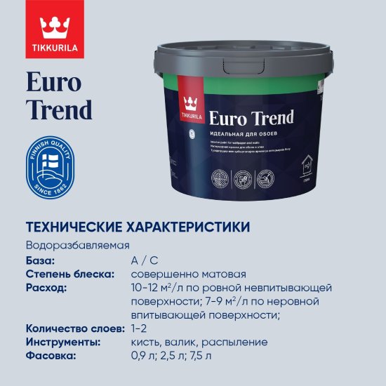 Краска для обоев Tikkivala Euro Trend моющаяся матовая цвет белый база А 0.9 л