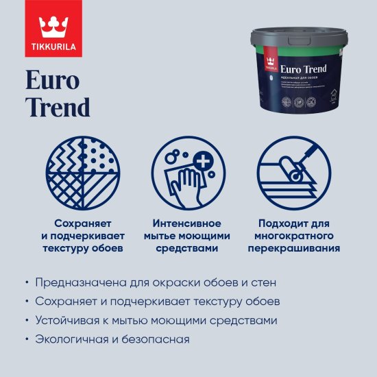 Краска для обоев Tikkivala Euro Trend моющаяся матовая цвет белый база А 0.9 л