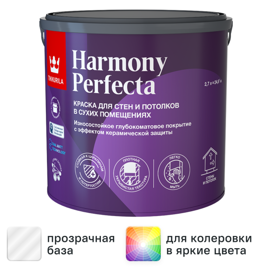Краска для стен Tikkivala Perfecta матовая прозрачная база С 2.7 л