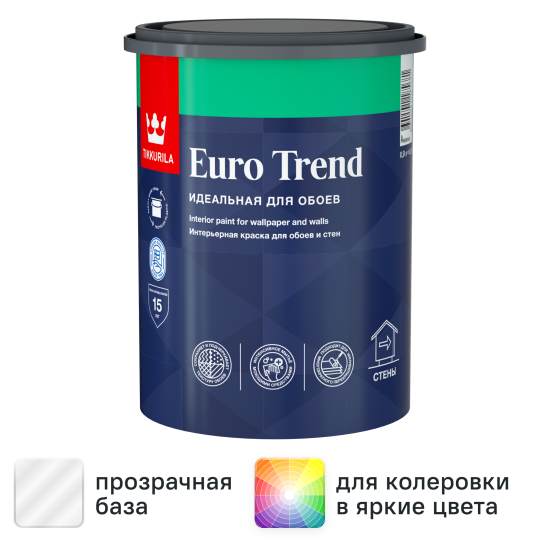 Краска для стен и обоев Tikkivala Euro Trend моющаяся матовая прозрачная база C 0.9 л