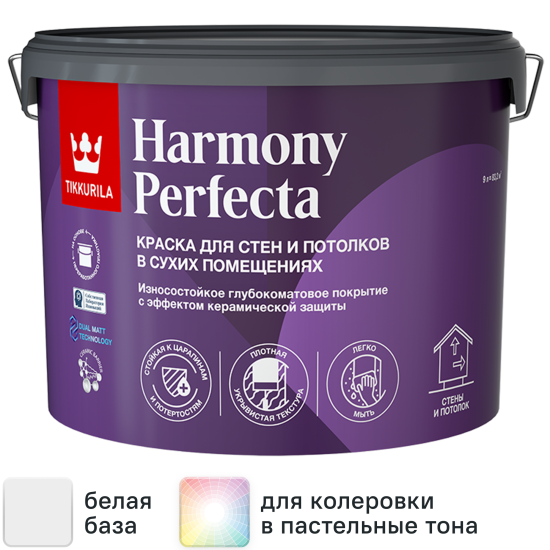 Краска для стен и потолков Tikkurila Perfecta моющаяся матовая цвет белый база А 9 л