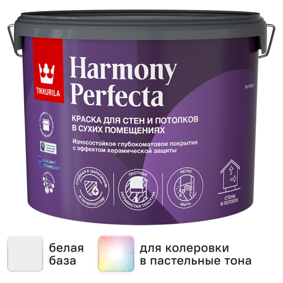 Краска для стен и потолков Tikkivala Perfecta моющаяся матовая цвет белый база А 9 л