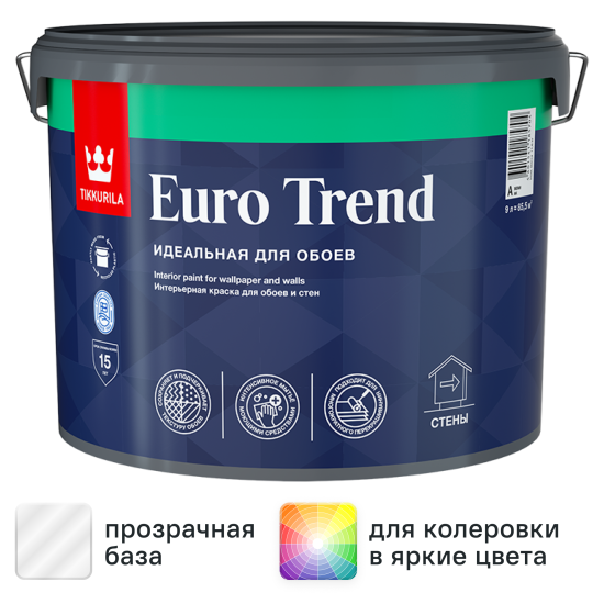 Краска для стен и обоев Tikkivala Euro Trend моющаяся матовая прозрачная база C 9 л