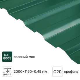 Профнастил С20 0.45 мм 1150x2000 мм зелёный RAL 6005