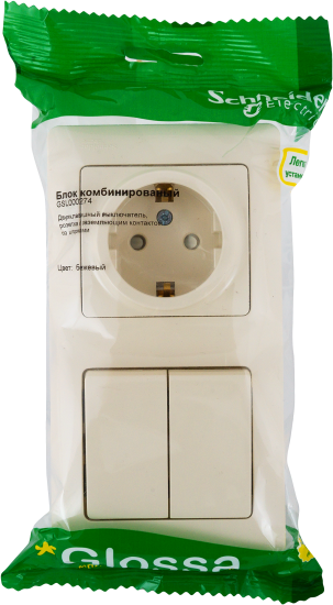 Блок выключатель с розеткой встраиваемый Systeme Electric Glossa 2 клавиши с заземлением со шторками цвет бежевый