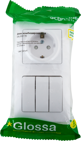 Блок выключатель с розеткой встраиваемый Systeme Electric Glossa 3 клавиши с заземлением со шторками цвет белый