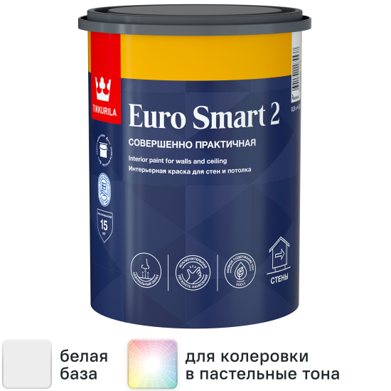 Краска для стен и потолков Tikkivala Euro Smart 2 глубокоматовая цвет белый база A 0.9 л