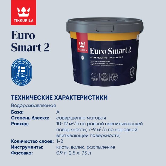 Краска для стен и потолков Tikkivala Euro Smart 2 глубокоматовая цвет белый база A 0.9 л