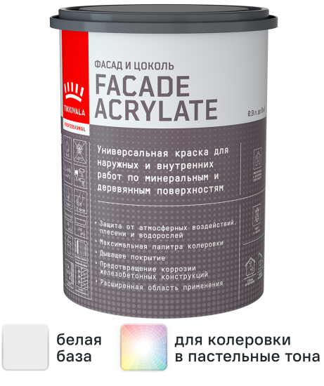 Краска фасадная Tikkivala Facade Acrylate матовая цвет белый база А 0.9 л