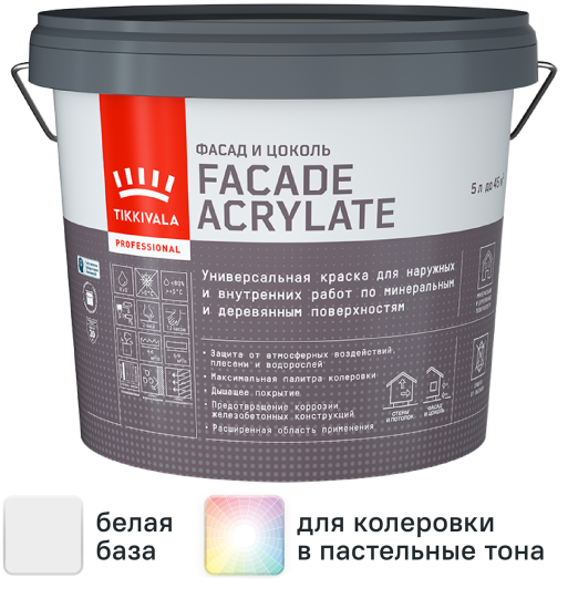 Краска фасадная Tikkivala Facade Acrylate матовая цвет белый база А 5 л