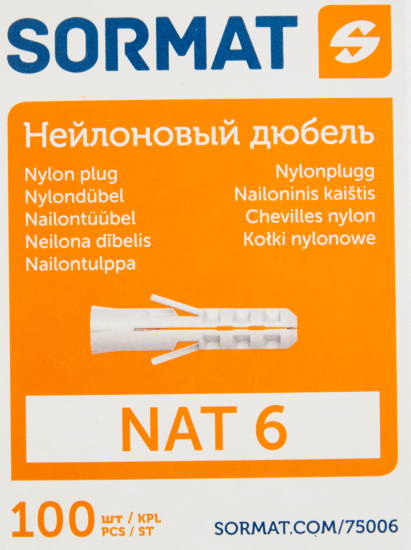 Дюбель распорный для полнотелых материалов Sormat NAT нейлон 6x30 мм 100 шт.