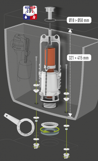 Сливной клапан для бачка Equation кнопка старт-стоп хром