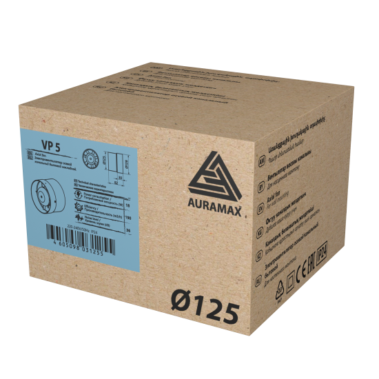Вентилятор канальный осевой вытяжной Auramax VP 5 D125 мм 36 дБ 190 м3/ч цвет белый