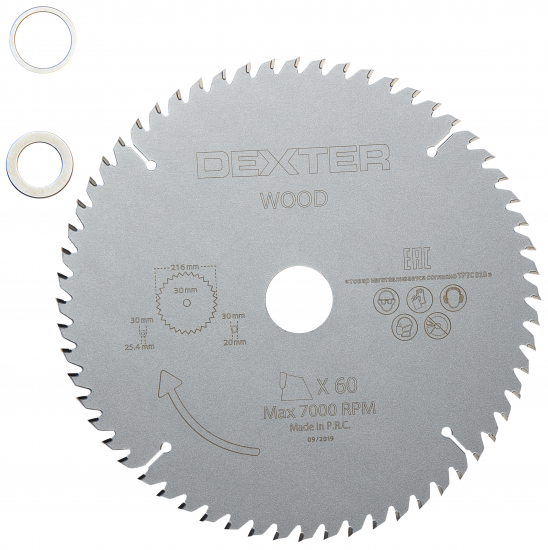 Диск пильный по дереву Dexter FD-E032163060T 60Т 216x30x1.5 мм, кольца: 20 и 25.4