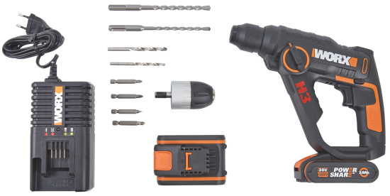 Перфоратор аккумуляторный SDS-Plus Worx WX390.1, 20 В Li-ion 2x2 Ач, 1.2 Дж