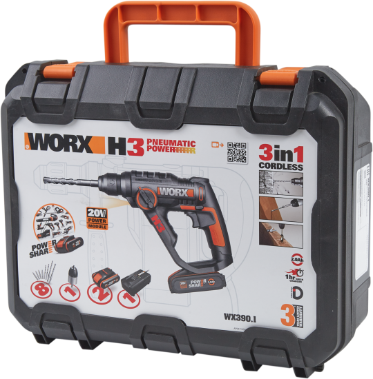 Перфоратор аккумуляторный SDS-Plus Worx WX390.1, 20 В Li-ion 2x2 Ач, 1.2 Дж
