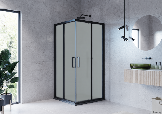 Душевая ширма Квадро Март квадратная 100x100x195см цвет профиля черный раздвижная стекло 6мм матовое
