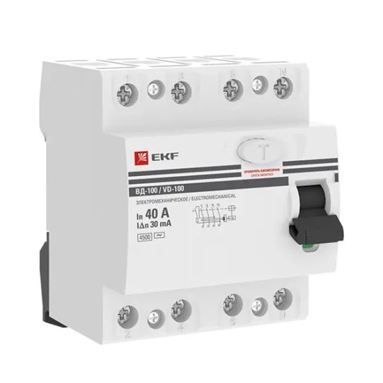 УЗО EKF ВД-100 4P 40 А 30 мА 4.5 кА АС elcb-4-40-30-em-pro
